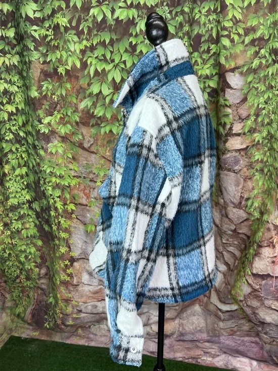 ZARA Blue and White Shaggy Plaid Button Front Casual Jacket, L - Picture 5 of 11